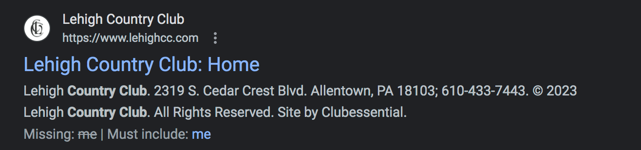 Listing on Google's search results page for a country club