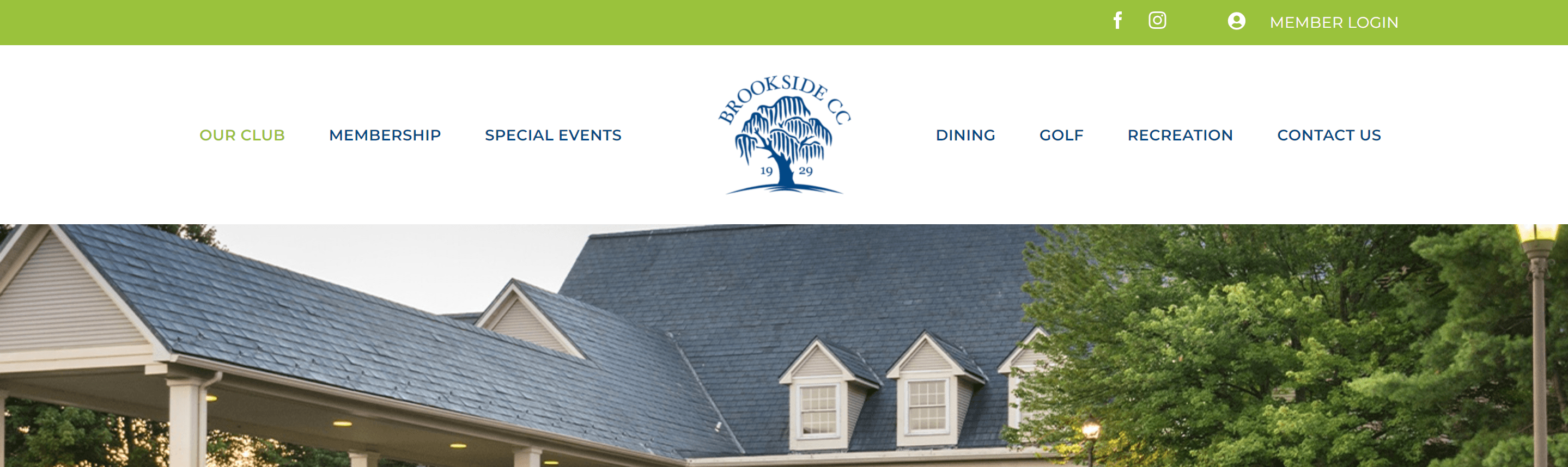 Homepage for a country club featuring a photo of their club