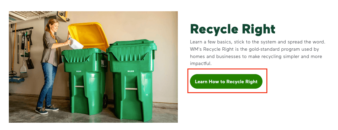 Green call to action button inviting people to learn how to recycle correctly