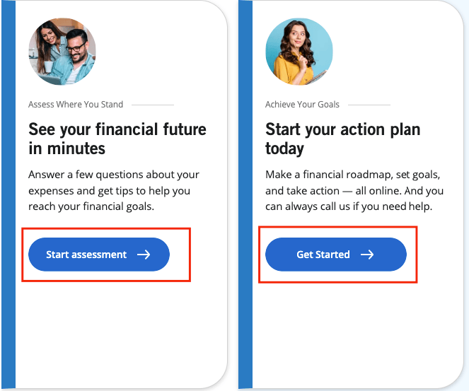 Blue call to action buttons on a white background of a financial consultant website
