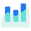 Icon of a bar chart with three vertical bars of varying heights and an upward trending line overlaying them.