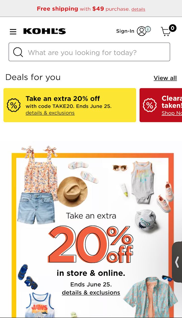 Mobile version of Kohl's homepage