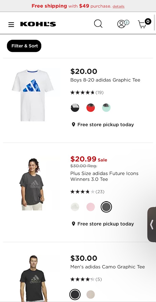 Adidas t-shirt products on Kohl's website