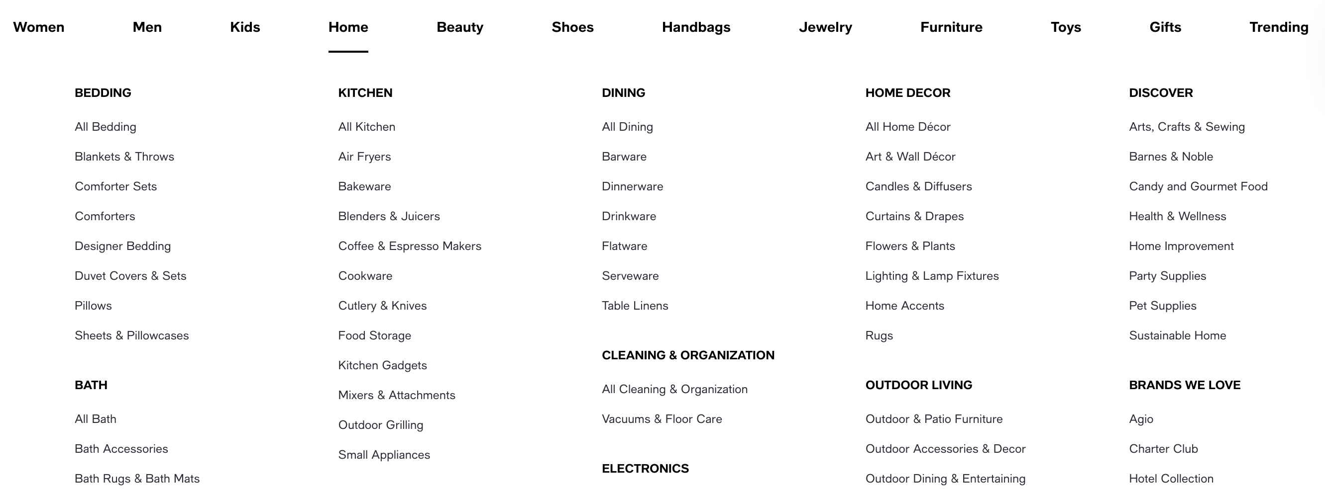 Macy's navigation featuring subcategories for their "home" section