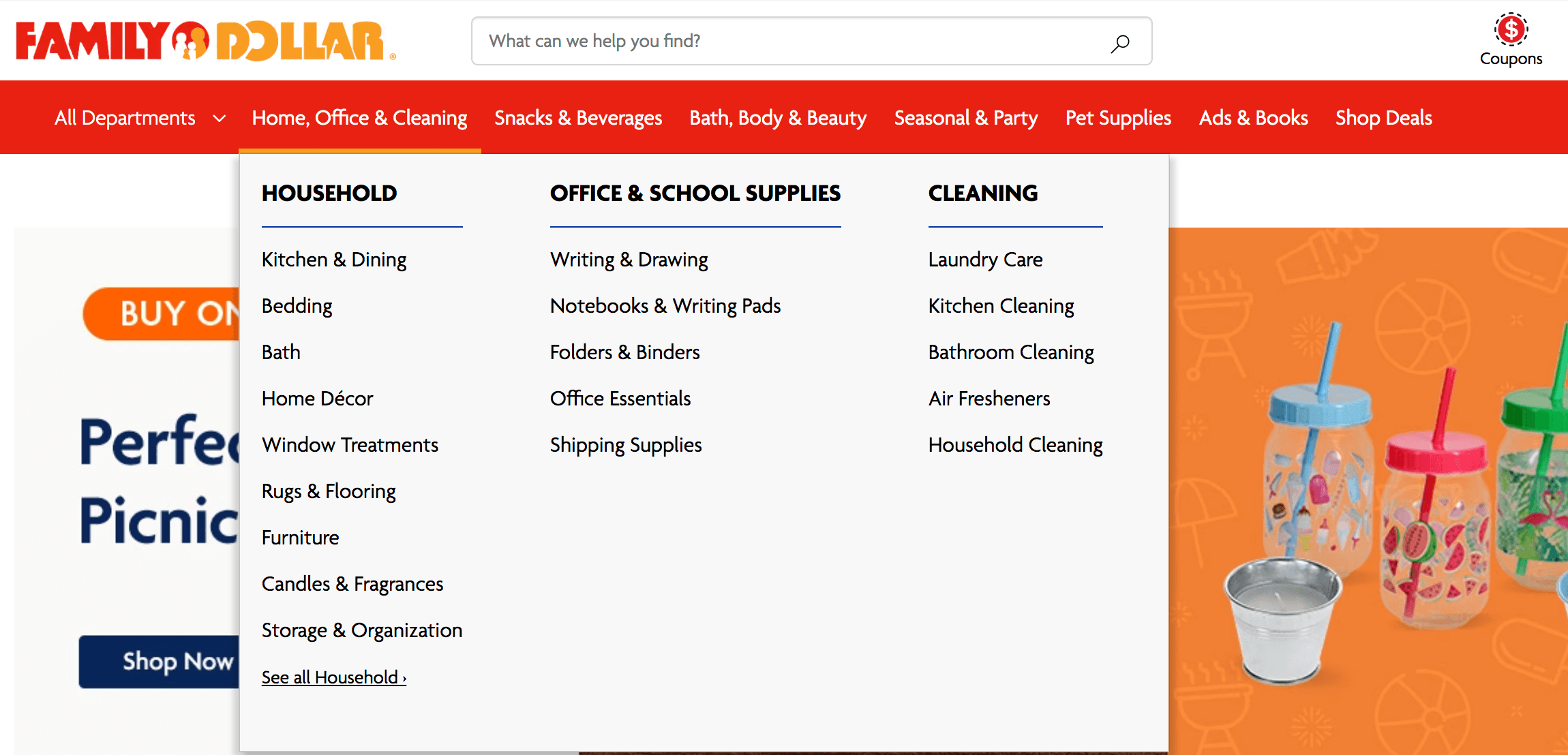 Navigation setup on Family Dollar's website