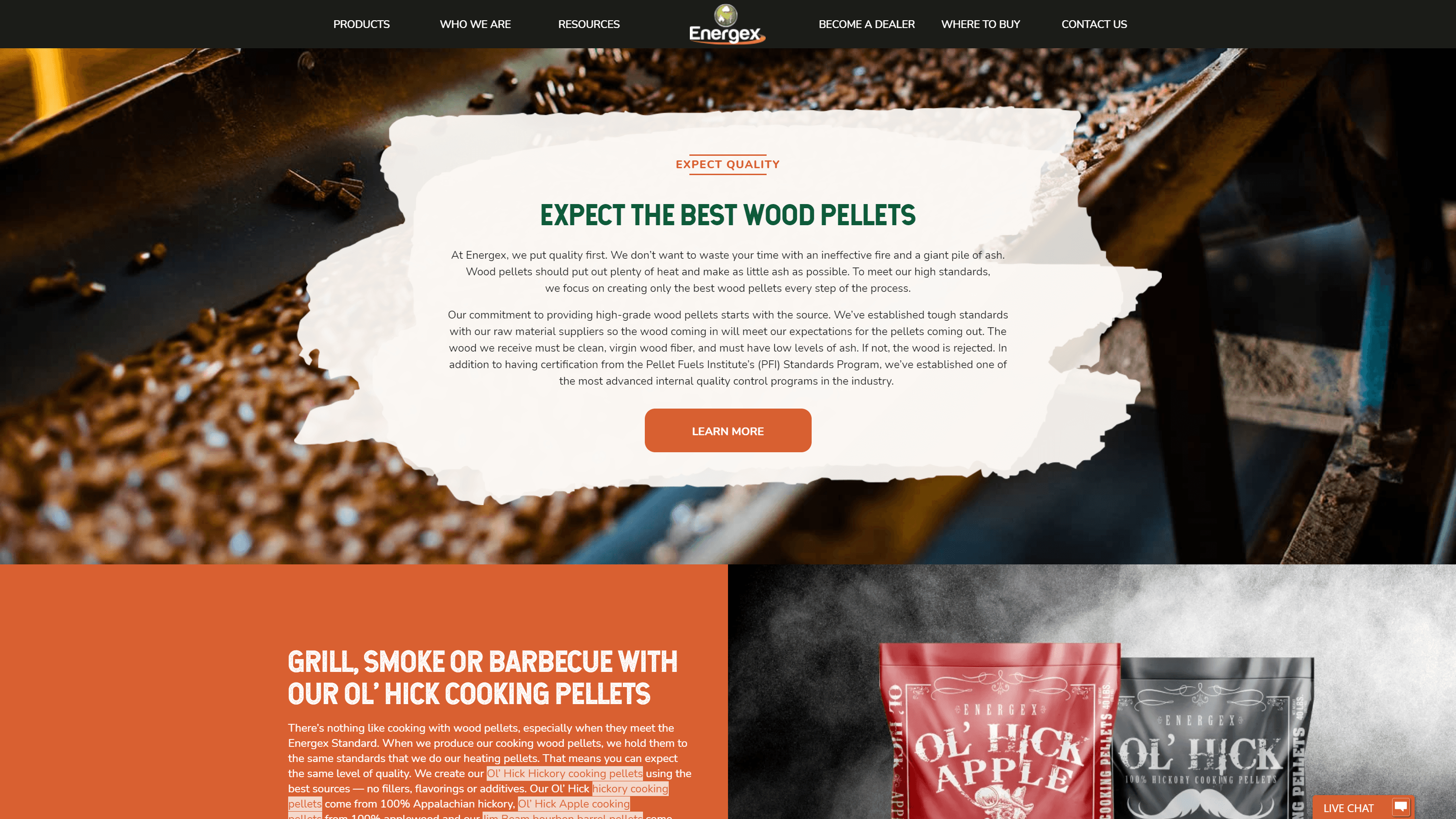 Energex website page highlighting the quality of their wood pellets with a headline, descriptive text, and images of their product bags for hickory, apple, and cherry wood pellets, alongside machinery used in pellet production.