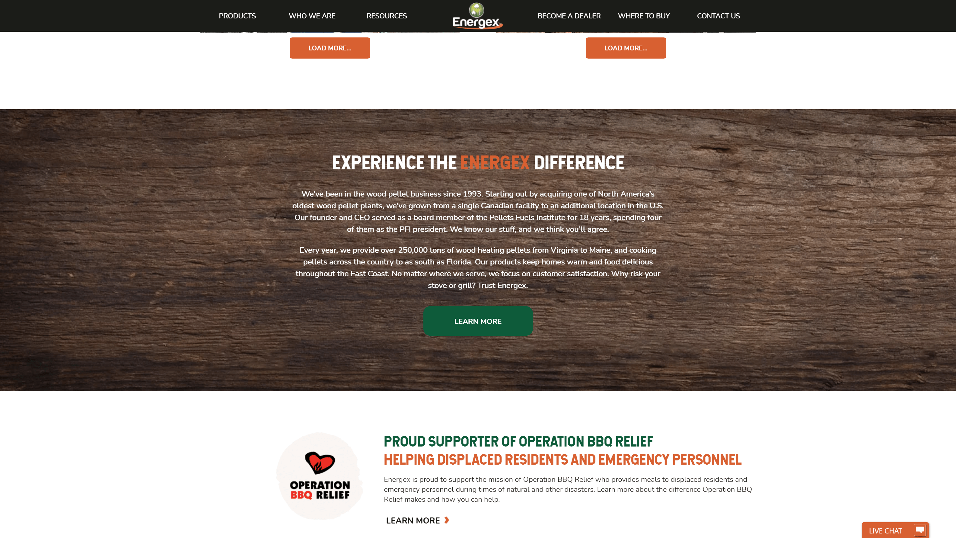 Screenshot of the Energex website featuring a navigation bar, a description of the company's history in the wood pellet business, and a section highlighting their support for Operation BBQ Relief.