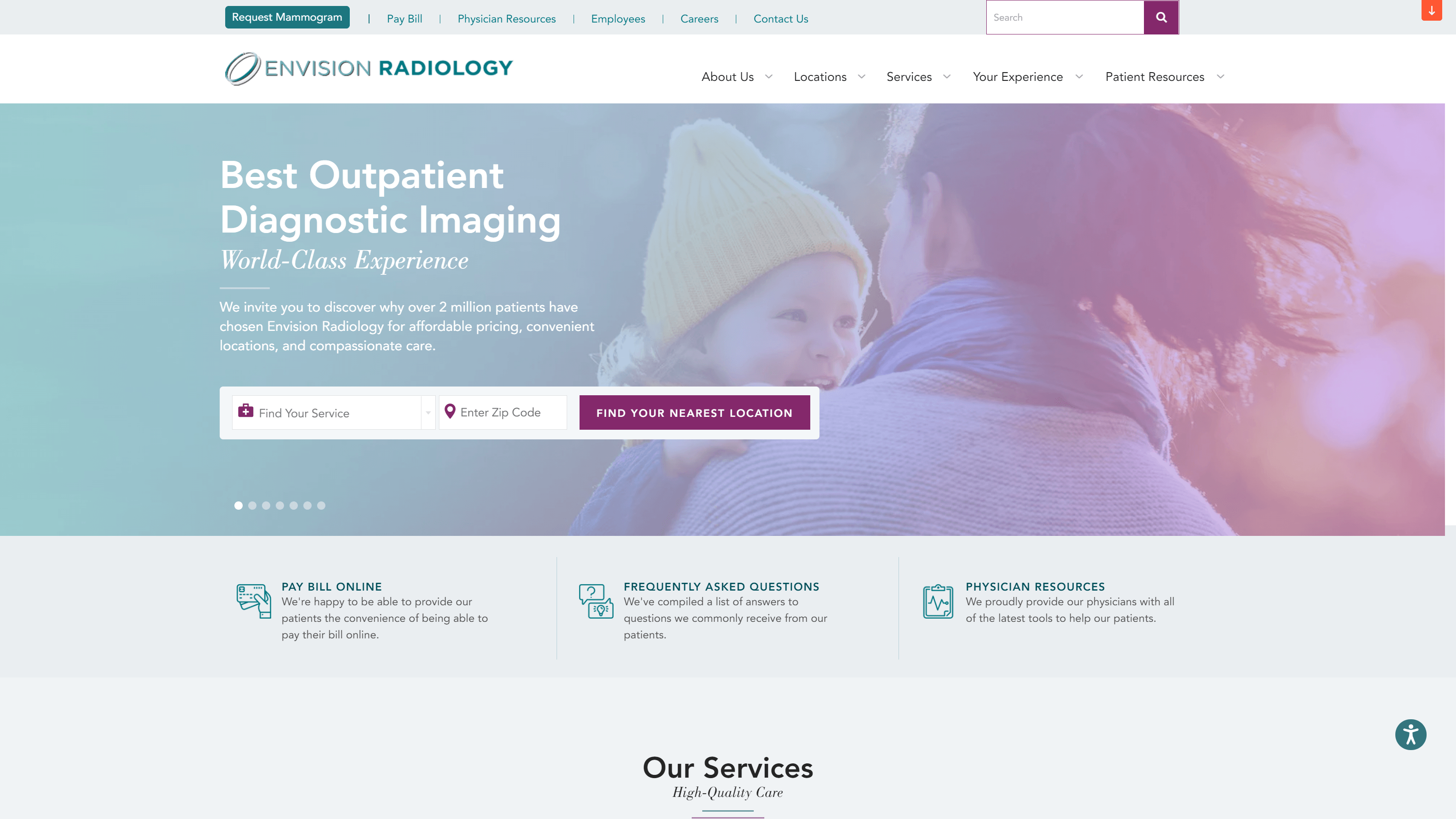 Screenshot of Envision Radiology's website featuring a navigation bar, a promotional banner about outpatient diagnostic imaging services, and a blurred background image of a smiling child looking at an adult.