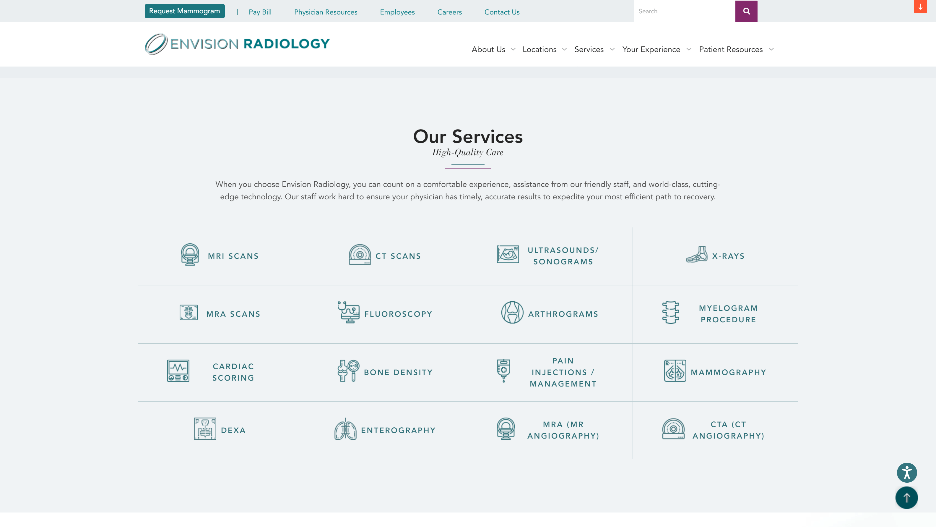 Webpage section from Envision Radiology listing services such as MRI Scans, MRA Scans, CT Scans, Ultrasounds, X-Rays, Fluoroscopy, Arthrograms, Myelogram Procedure, Cardiac Scoring, Bone Density, Pain Management, DEXA, Enterography, Mammography, MRA Angiography, and CTA Angiography with corresponding icons.