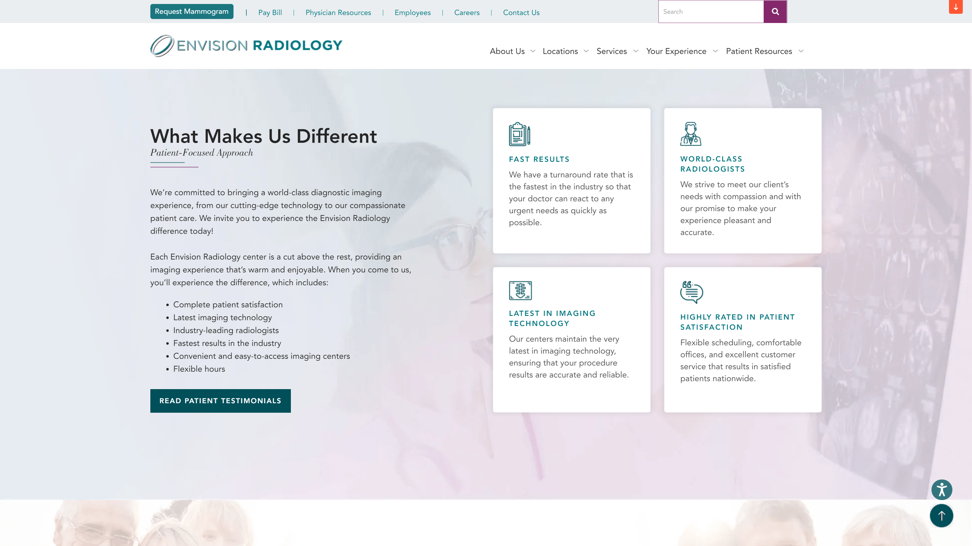 Screenshot of Envision Radiology's website highlighting their patient-focused approach with features such as fast results, latest imaging technology, world-class radiologists, and high patient satisfaction ratings.