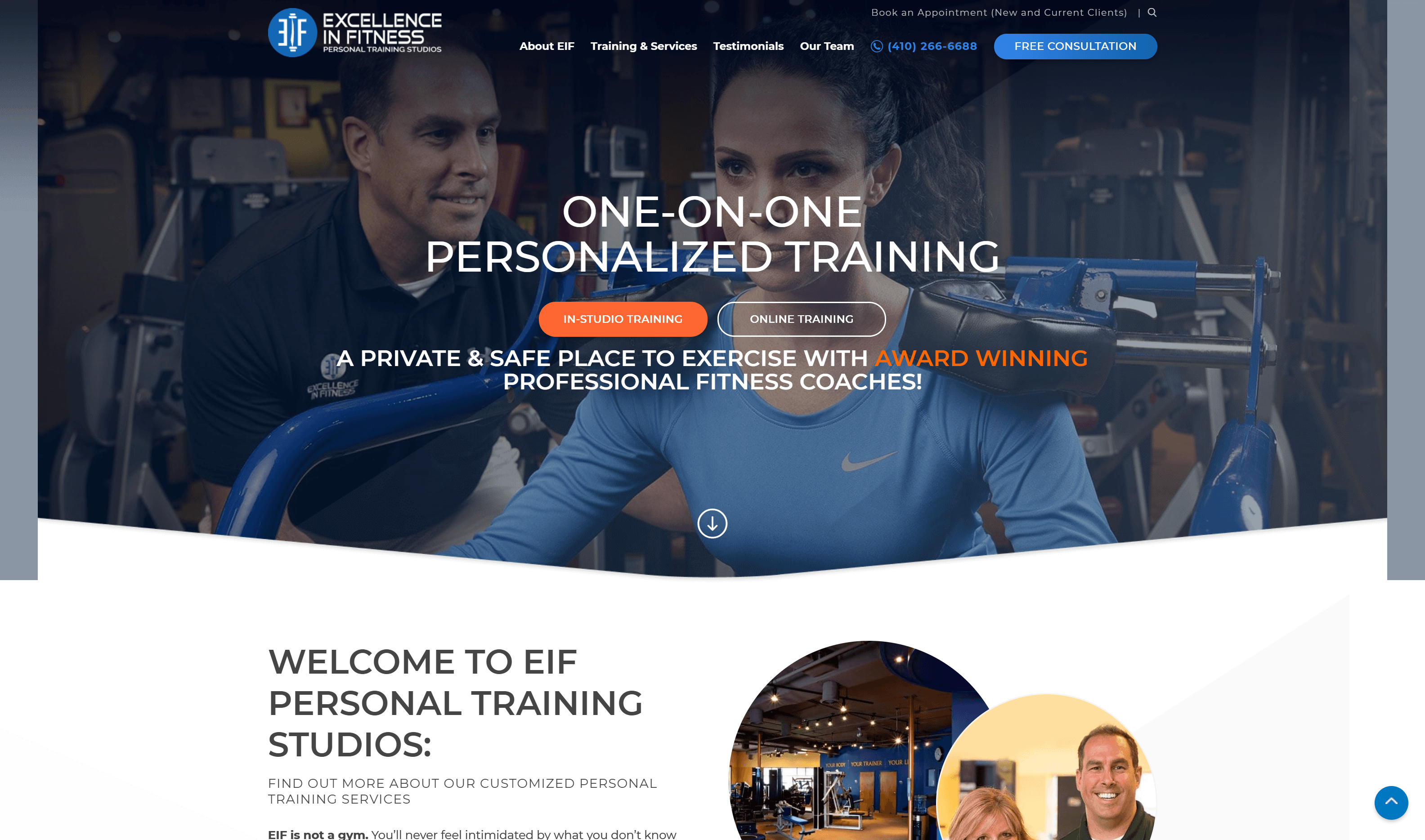 Website banner for Excellence in Fitness Personal Training Studios featuring a male coach and a female client during a training session, with text promoting one-on-one personalized training and options for in-studio and online training.