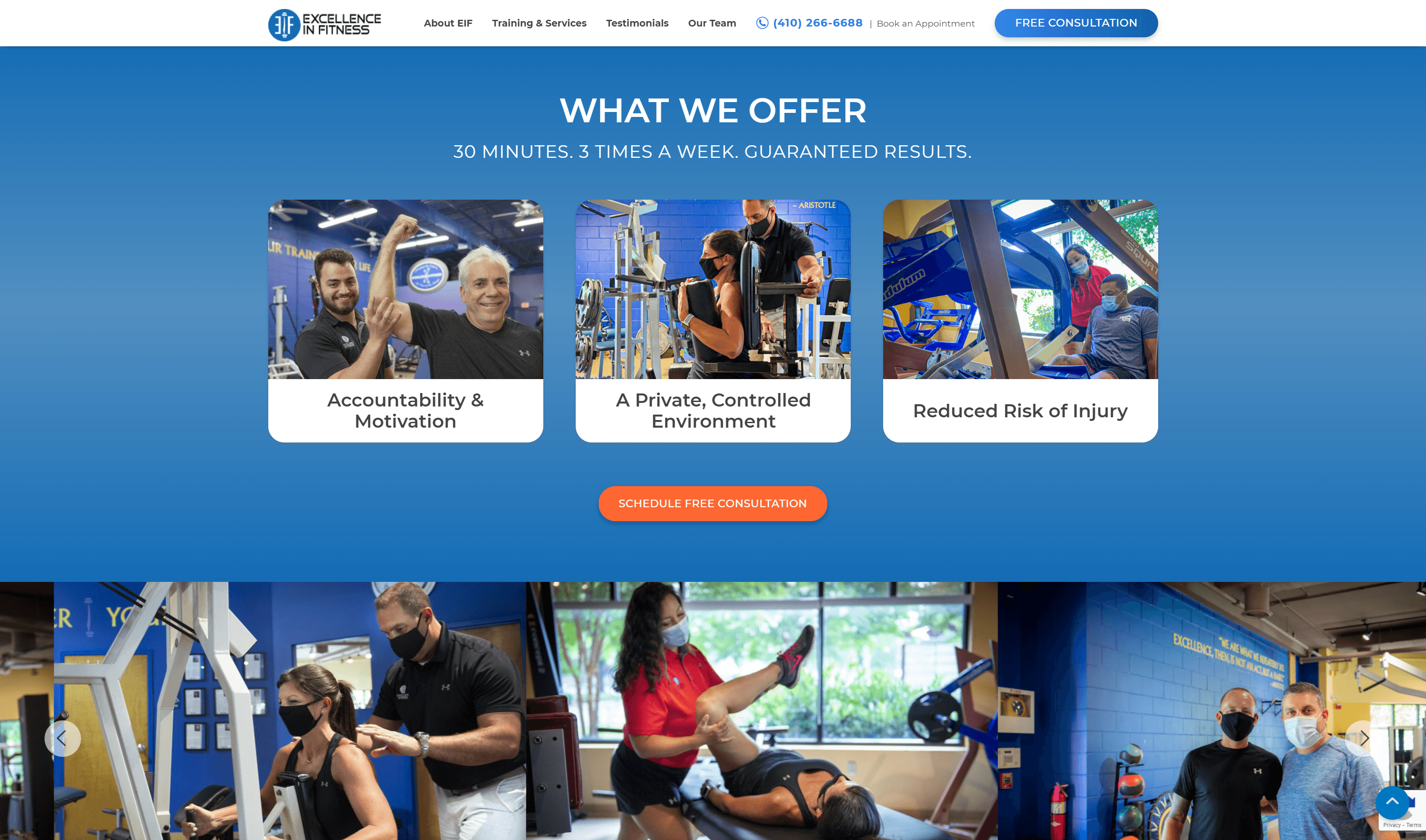 Webpage from Excellence in Fitness highlighting their offerings with images of people working out with personal trainers in a gym, featuring benefits such as accountability, a private environment, and reduced injury risk, with calls-to-action for a free consultation.