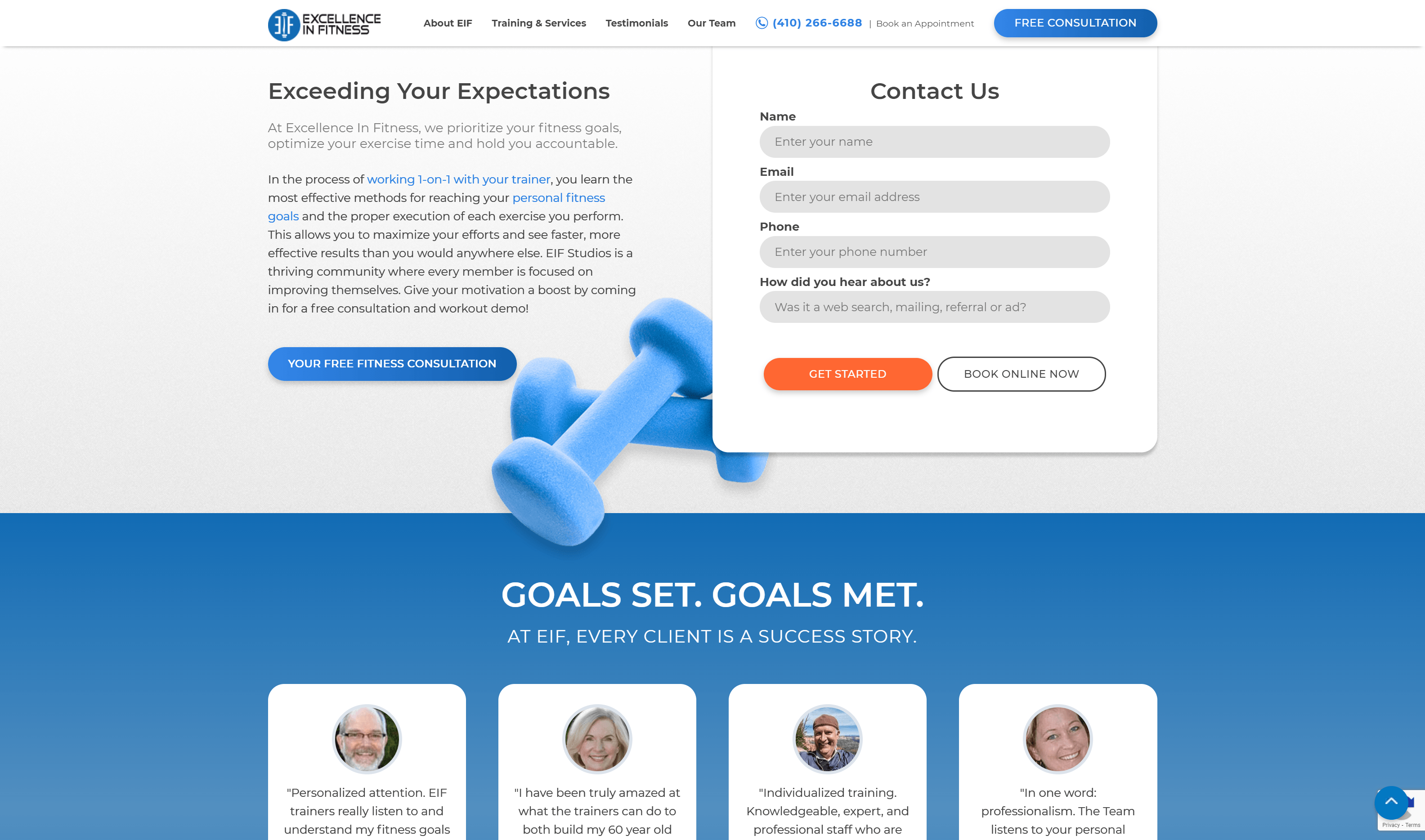 Screenshot of Excellence In Fitness homepage with a logo, navigation menu, headline about exceeding expectations, a contact form, a blue banner with motivational text, and client testimonials.