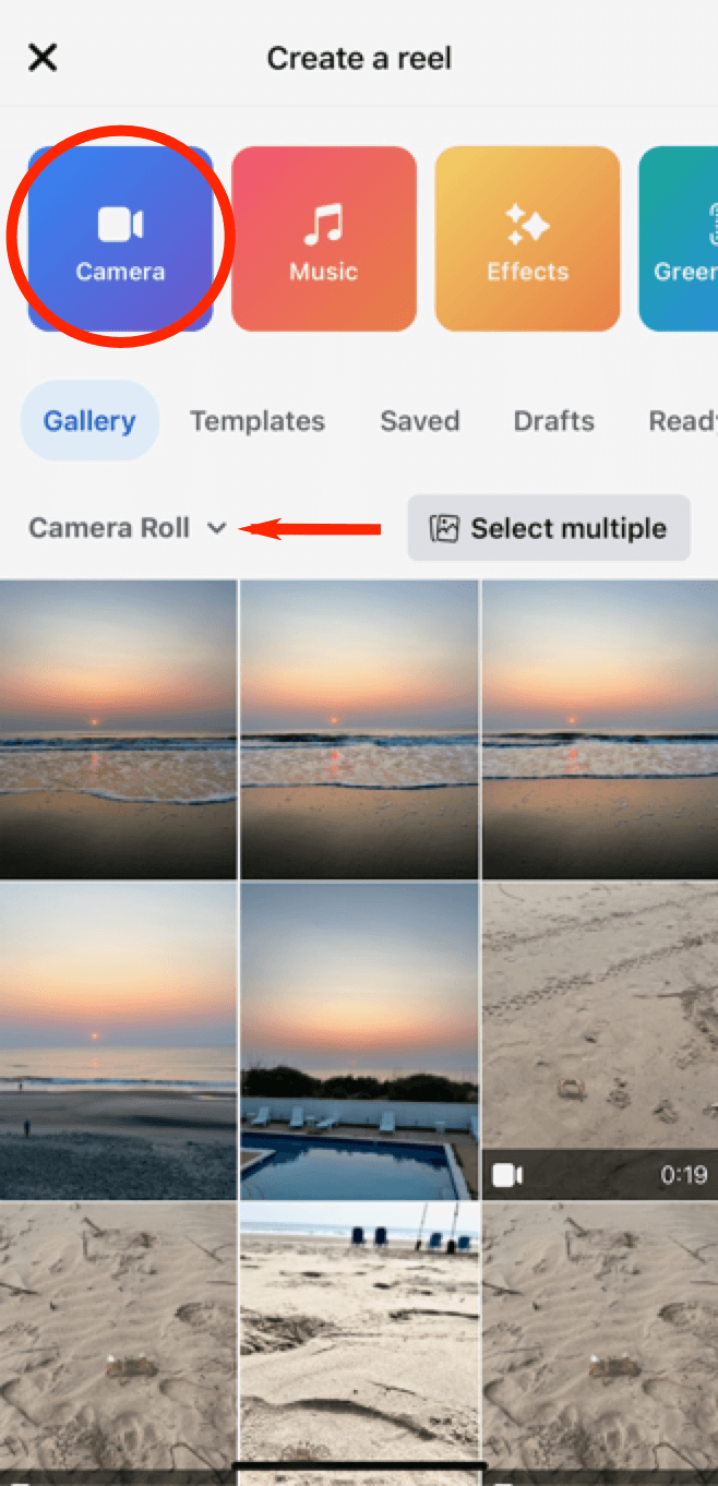 facebook reel creation options camera roll