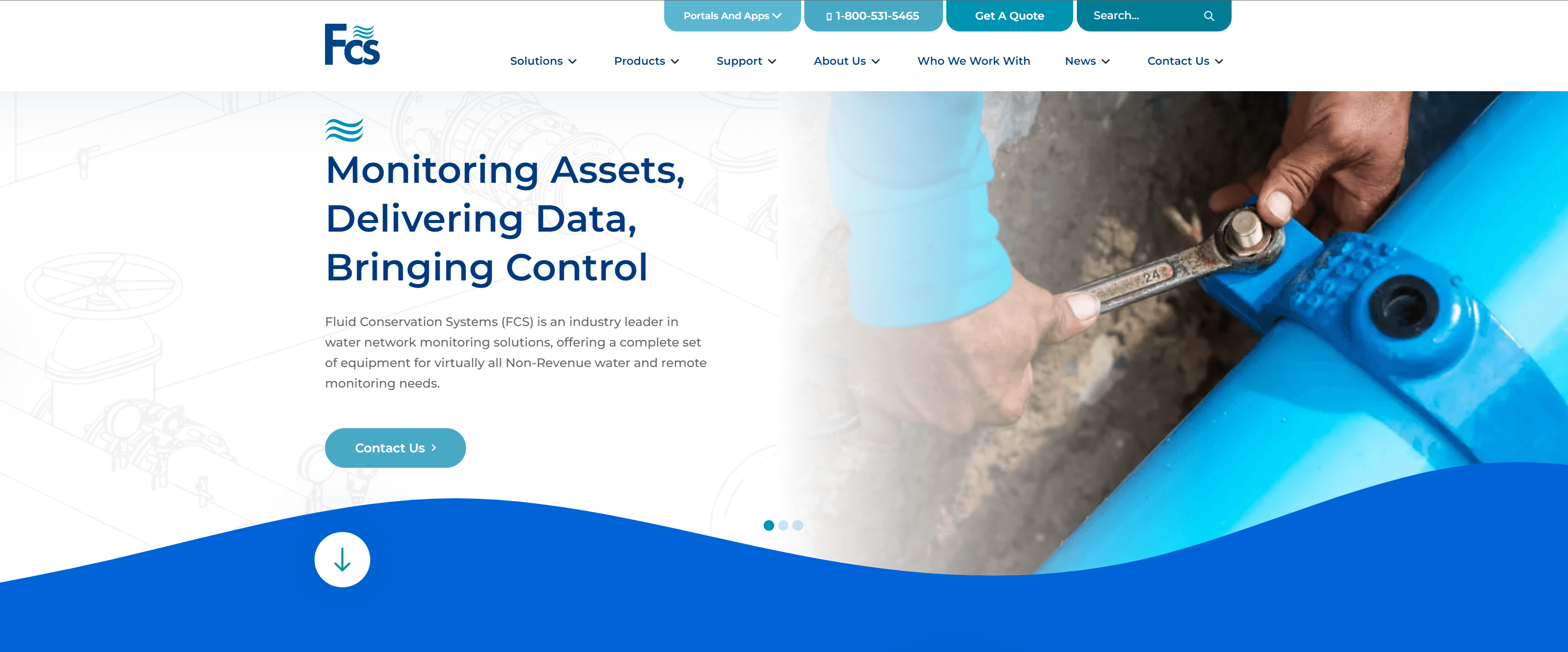 Website header for Fluid Conservation Systems with navigation menu, company description about water network monitoring solutions, and a photo of hands adjusting a bolt on a blue pipe.