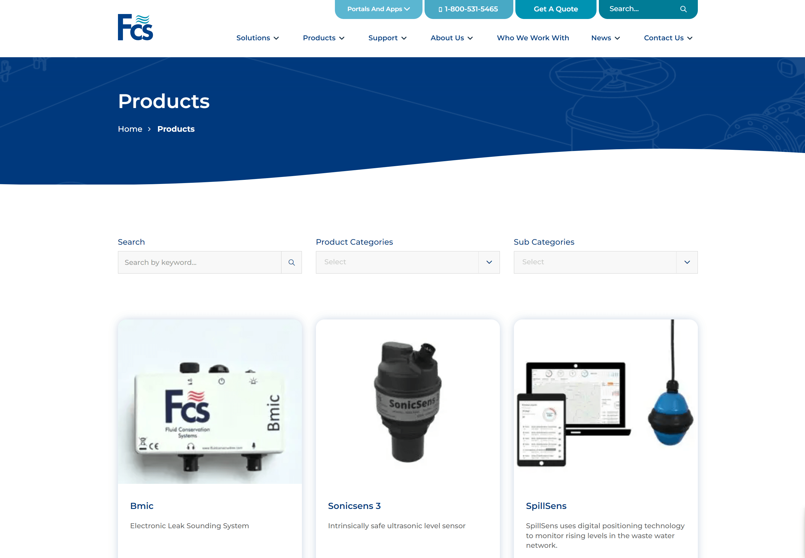 Screenshot of the FCS company's product webpage, featuring three products: Bmic Electronic Leak Sounding System, Sonicsens 3 ultrasonic level sensor, and SpillSens for monitoring waste water levels.