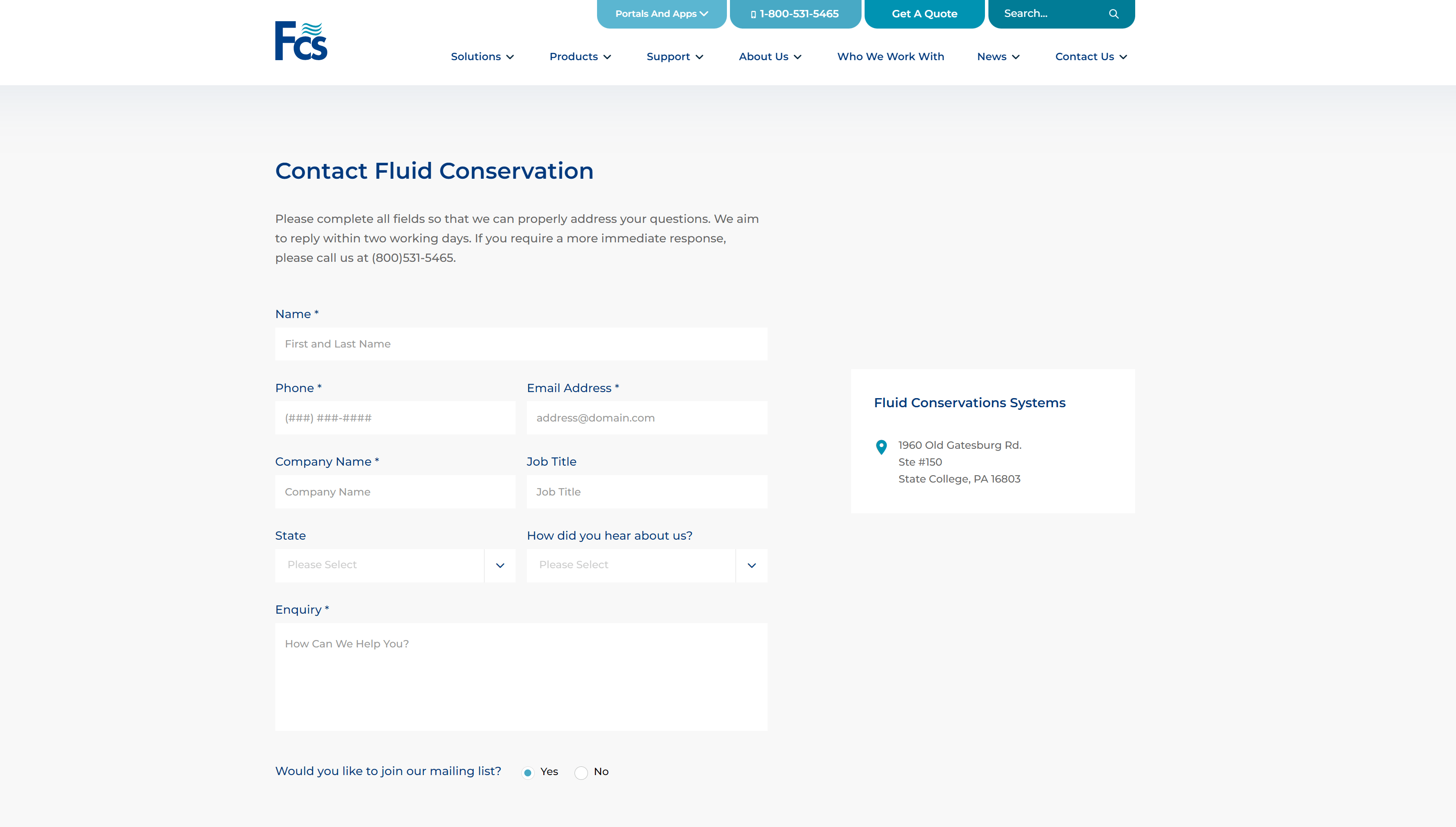 Screenshot of the 'Contact Fluid Conservation' webpage with a contact form including fields for personal and company information, an enquiry box, and options to join a mailing list, alongside the company's contact information and logo.