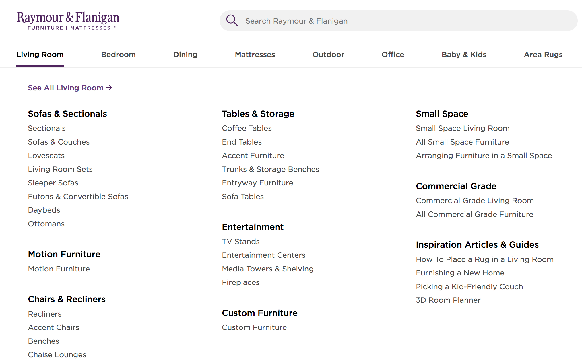 Navigation bar from a furniture store showing organized categories of furniture