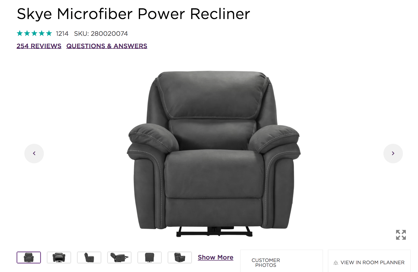 Gray reclining chair on a furniture store website