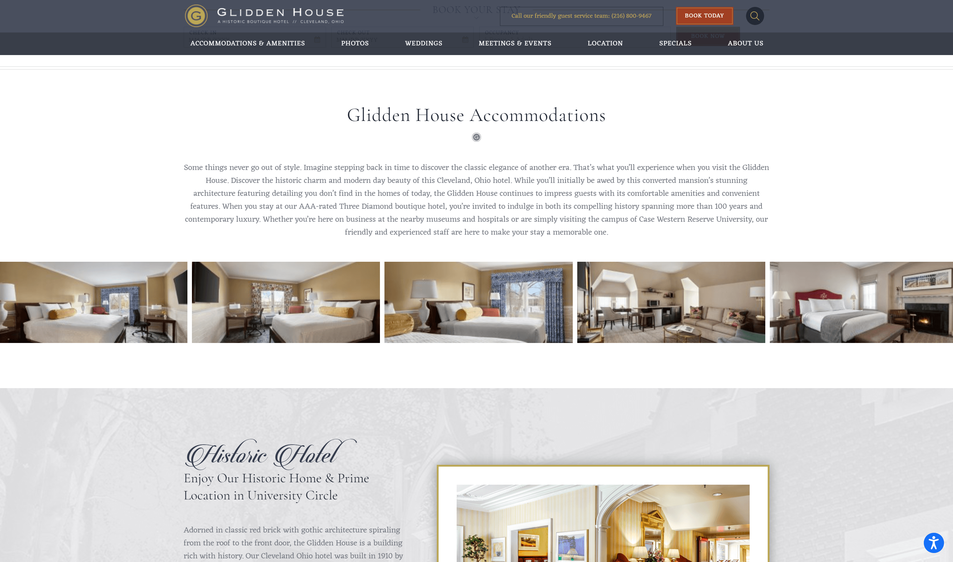 Screenshot of the Glidden House hotel website featuring a navigation menu, a description of the hotel's accommodations, and three images of elegantly furnished rooms.