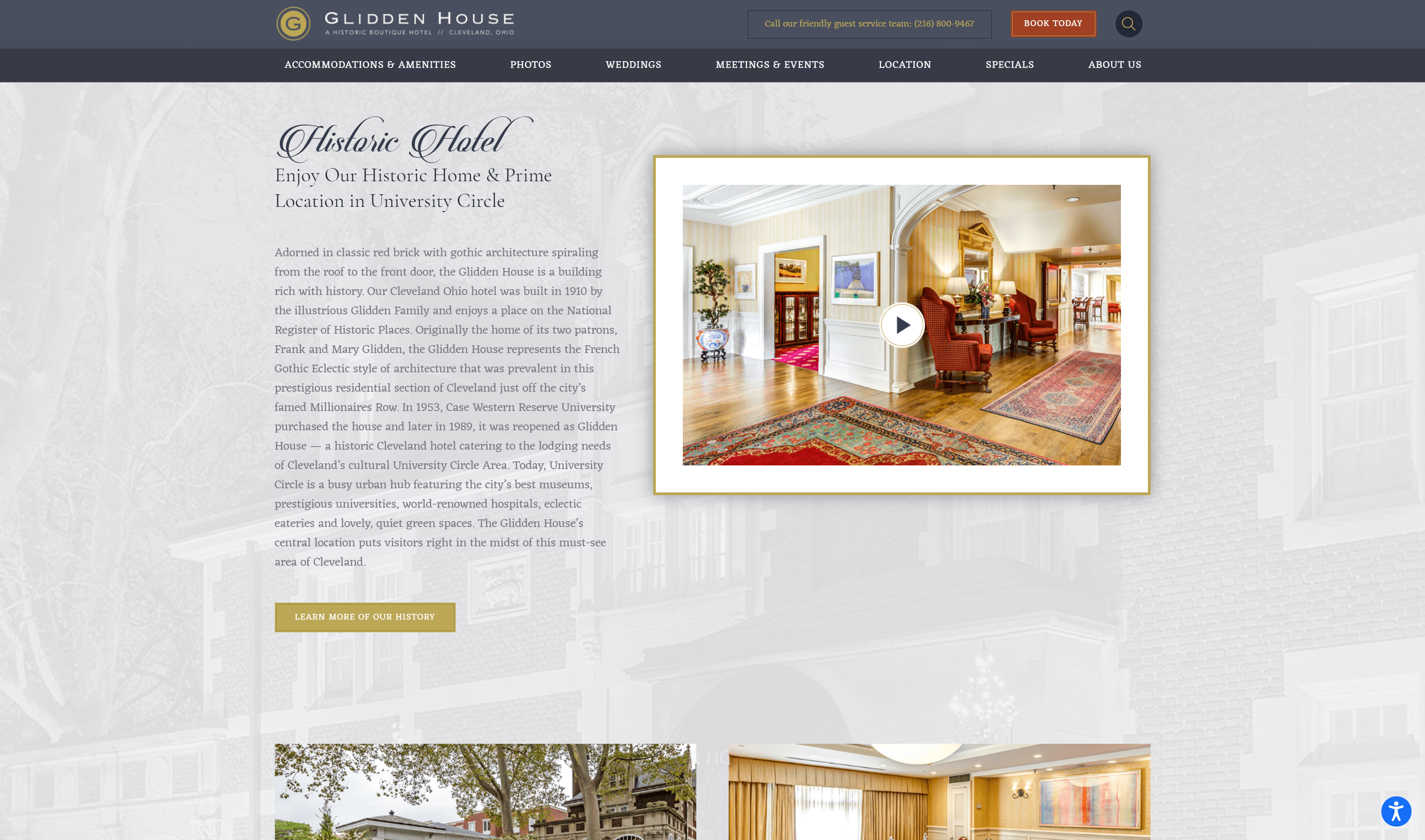 Screenshot of the Glidden House hotel website with navigation options, a description of the hotel's history, and images of the hotel's elegant interior.