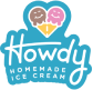 Logo of Howdy Homemade Ice Cream, featuring the word 'Howdy' in a playful script above 'Homemade Ice Cream' with two ice cream cones forming a heart above the text.