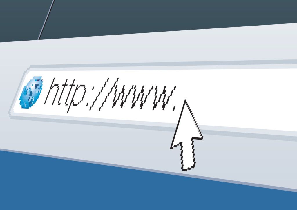 Pixelated cursor pointing to a web browser address bar with a partially obscured URL starting with 'http://', and a blue globe icon, on a gradient white and grey background.