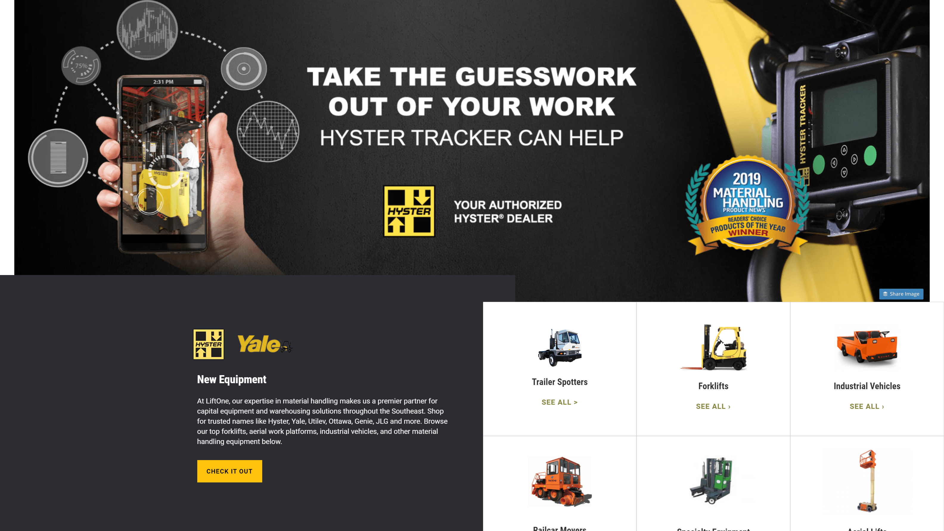 Advertisement for Hyster Tracker, a material handling analytics tool, with a hand holding a smartphone showing a forklift, a close-up of the Hyster Tracker device on machinery, and images of various material handling equipment like forklifts and industrial vehicles.