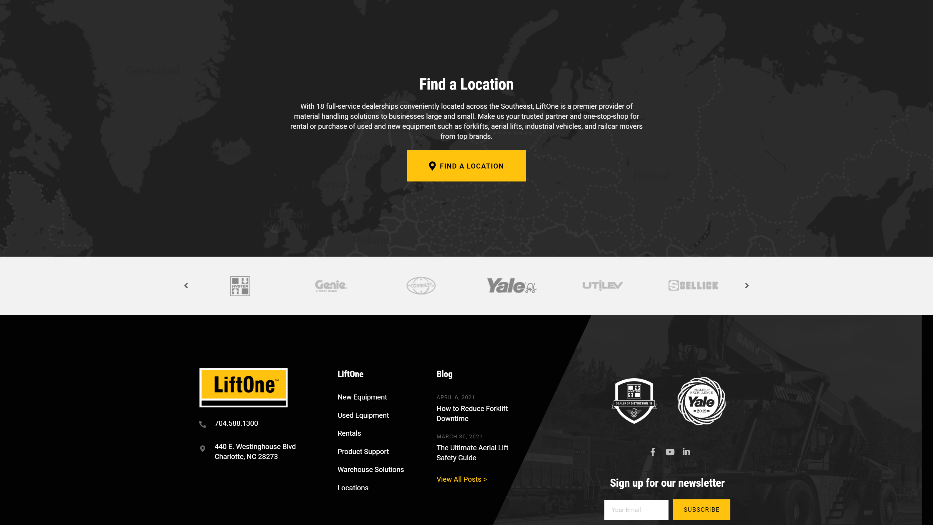 Webpage layout for LiftOne featuring a 'Find a Location' section with a description and a 'FIND A LOCATION' button, brand logos, contact information, links to equipment and blog posts, and a newsletter subscription field.