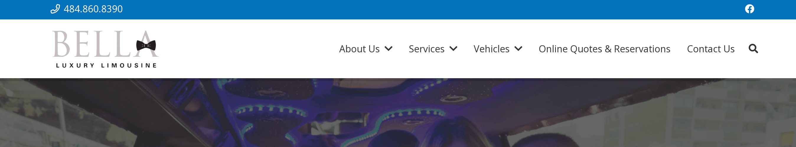 White navigation bar at the top of a limo company's website