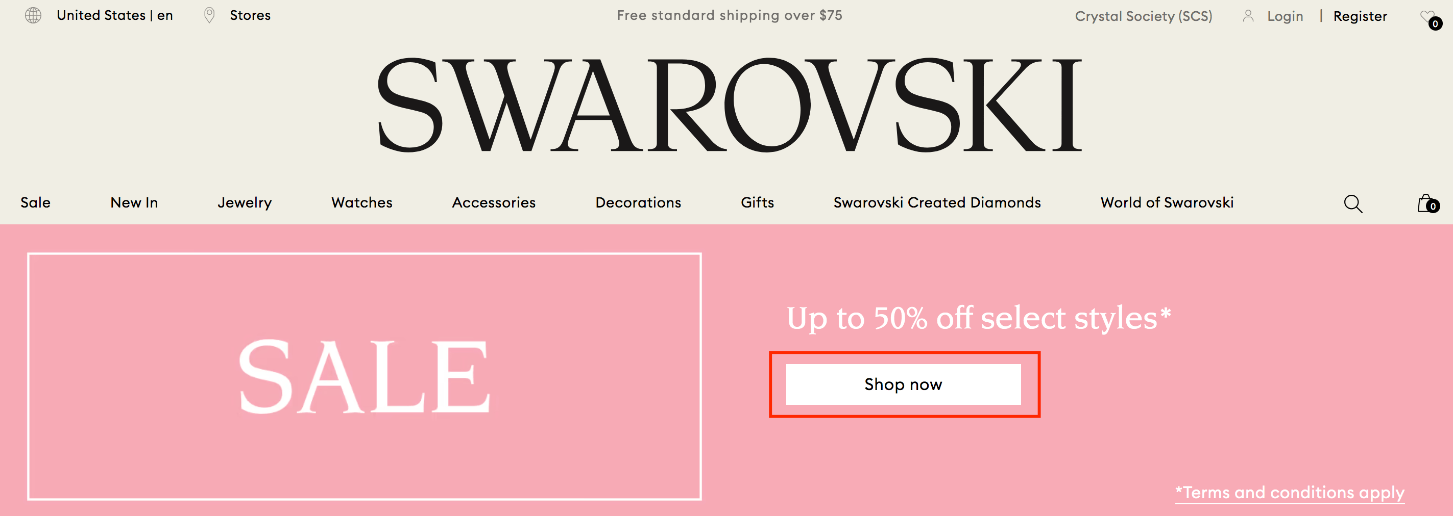 Swarovski pink and white design with a white call to action
