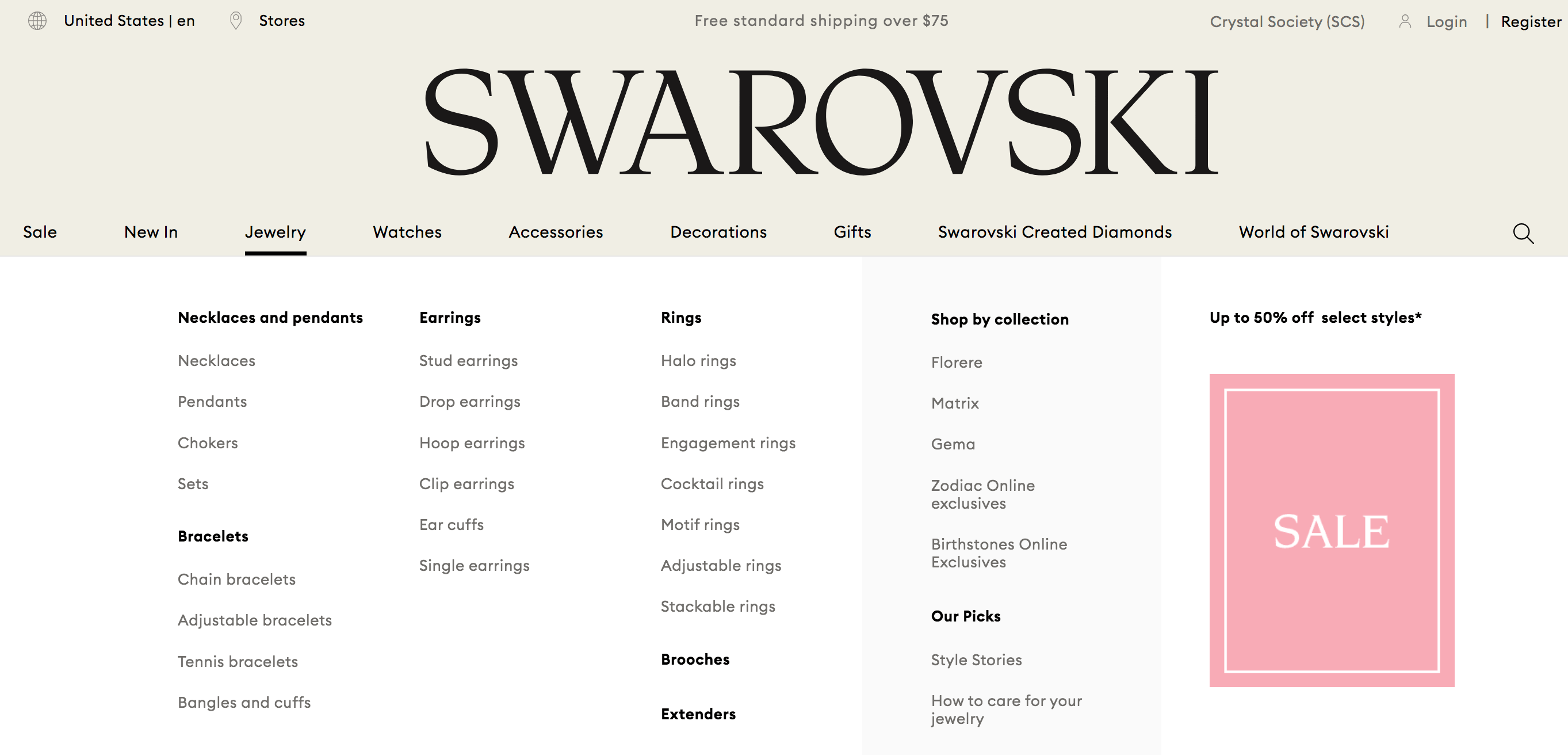 Swarovski navigation bar with organized categories