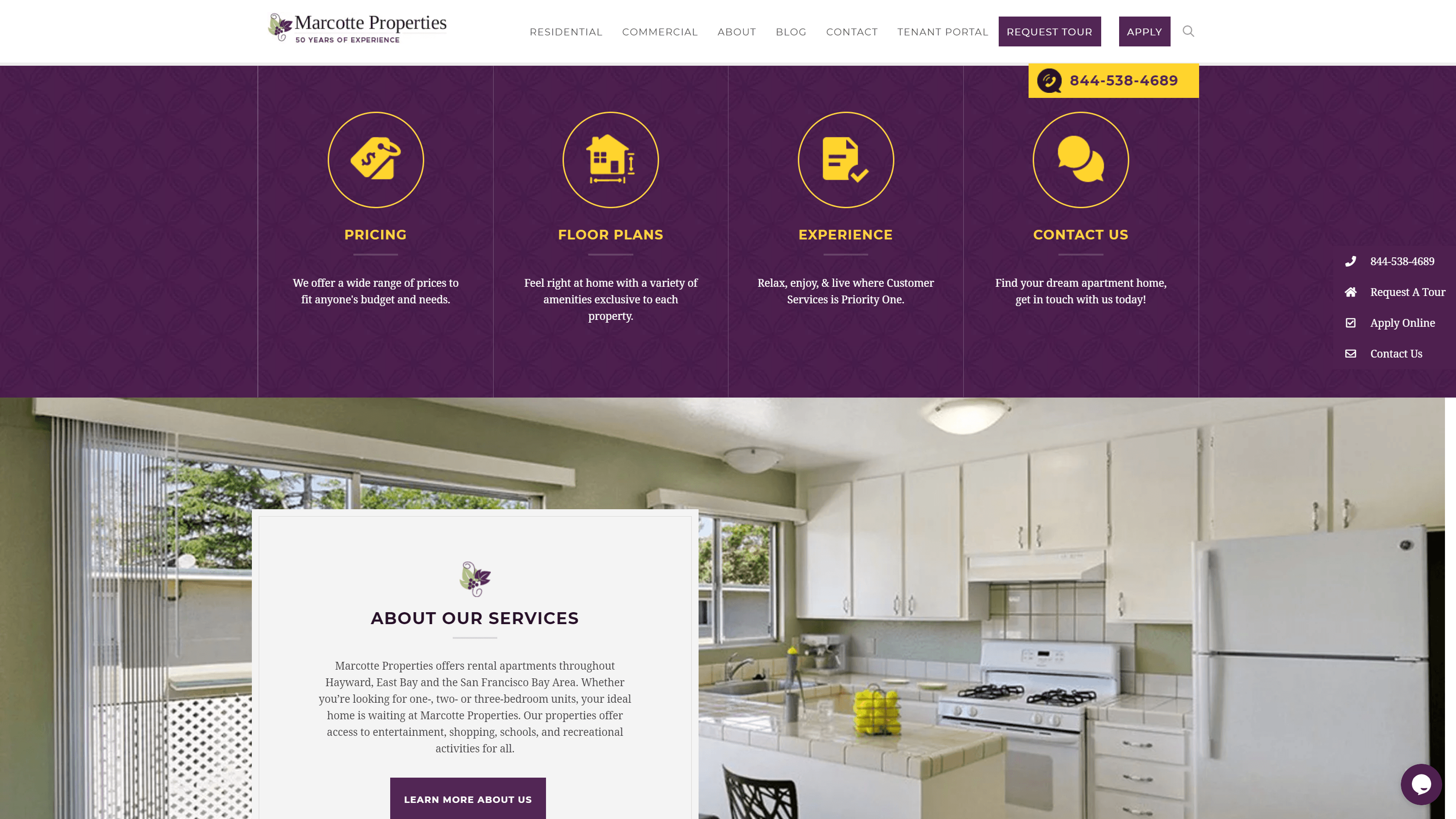 Screenshot of Marcotte Properties website featuring service options like Pricing, Floor Plans, Experience, and Contact Us, with a description of services and an image of a kitchen interior from their properties.