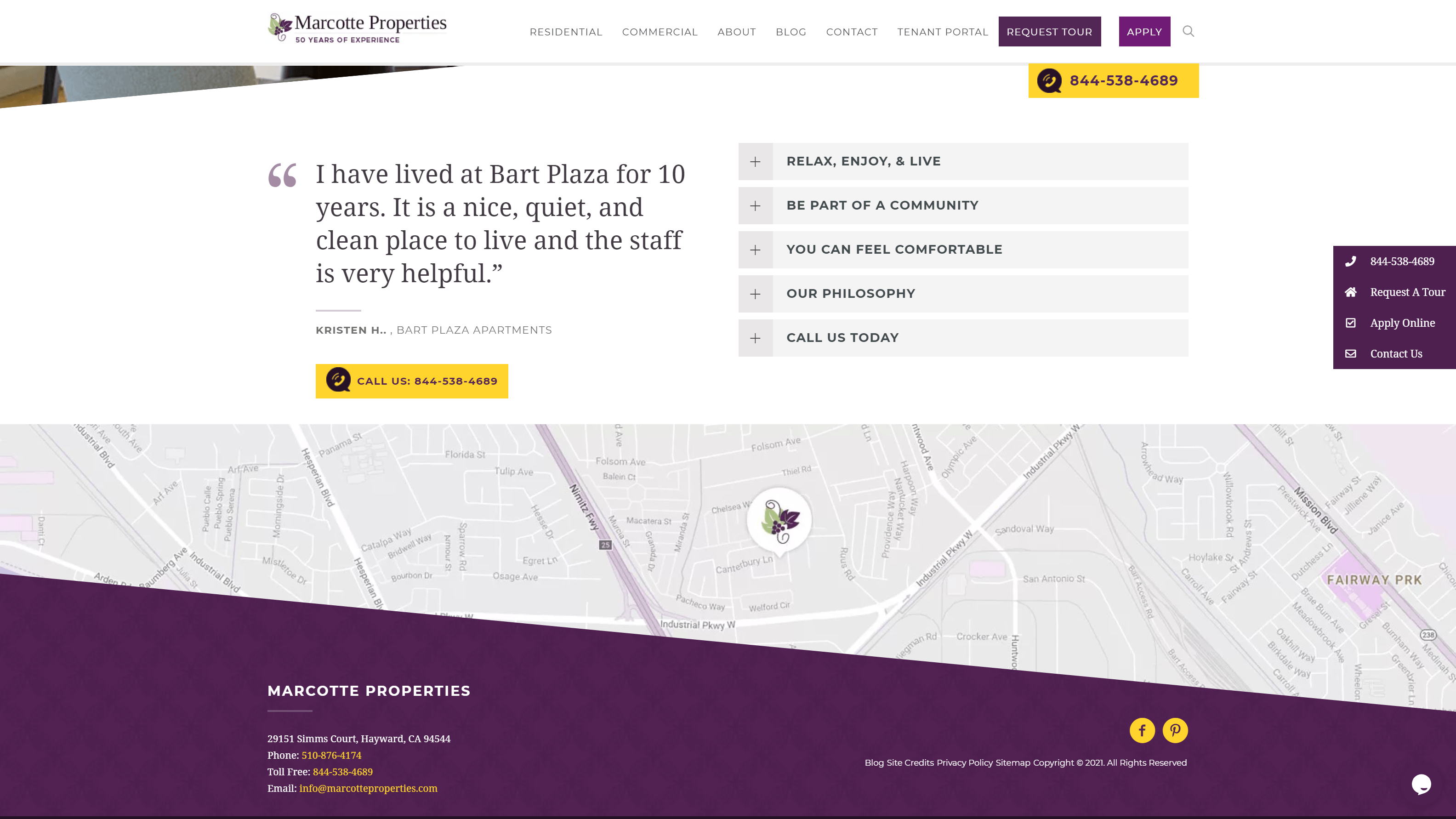 Screenshot of Marcotte Properties website featuring a navigation menu, a testimonial about Bart Plaza Apartments, a call-to-action button, a map with a location marker, and footer with contact information and social media links.