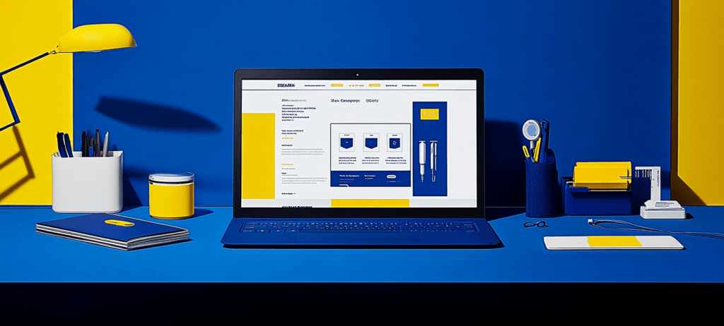 Blue and yellow desk with laptop