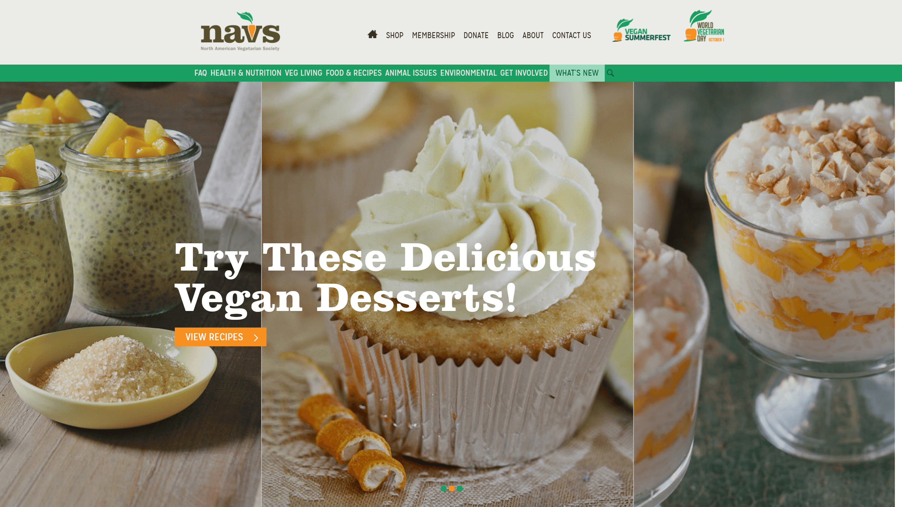 Website banner from the North American Vegetarian Society showcasing vegan desserts, including chia pudding, a frosted cupcake, and a layered parfait, with a headline encouraging to try these desserts and a button to view recipes.