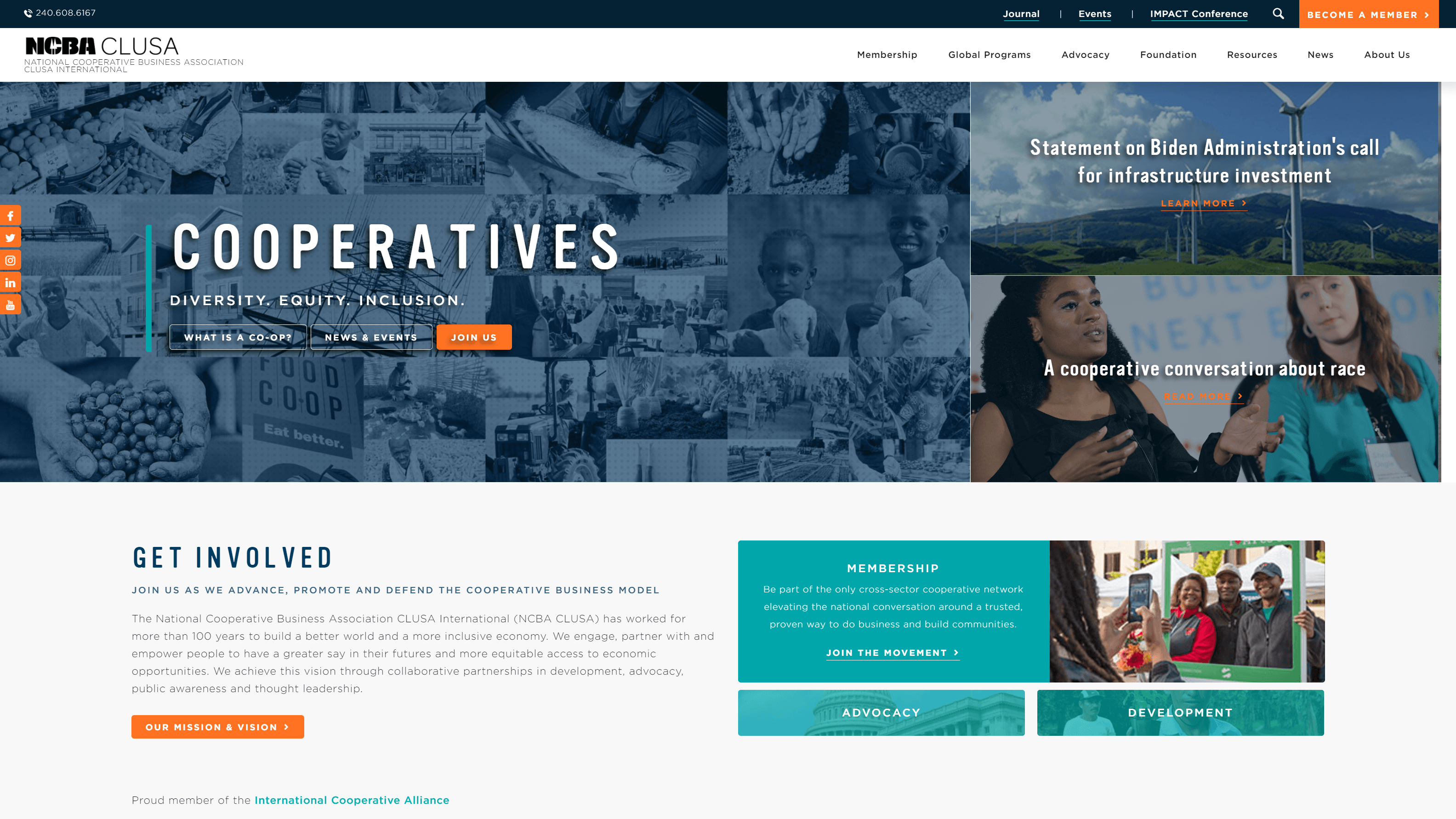 Screenshot of NCBA CLUSA website homepage highlighting cooperatives with themes of diversity, equity, and inclusion, featuring sections on involvement, membership, advocacy, and development, along with images of people engaged in cooperative activities.