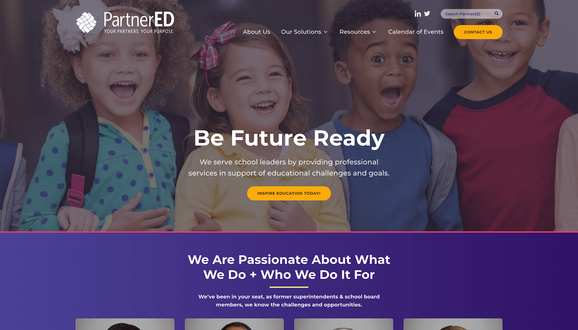 Four cheerful children with backpacks in front of a purple background with text for PartnerED's 'Be Future Ready' educational services, website navigation, and a call-to-action button.