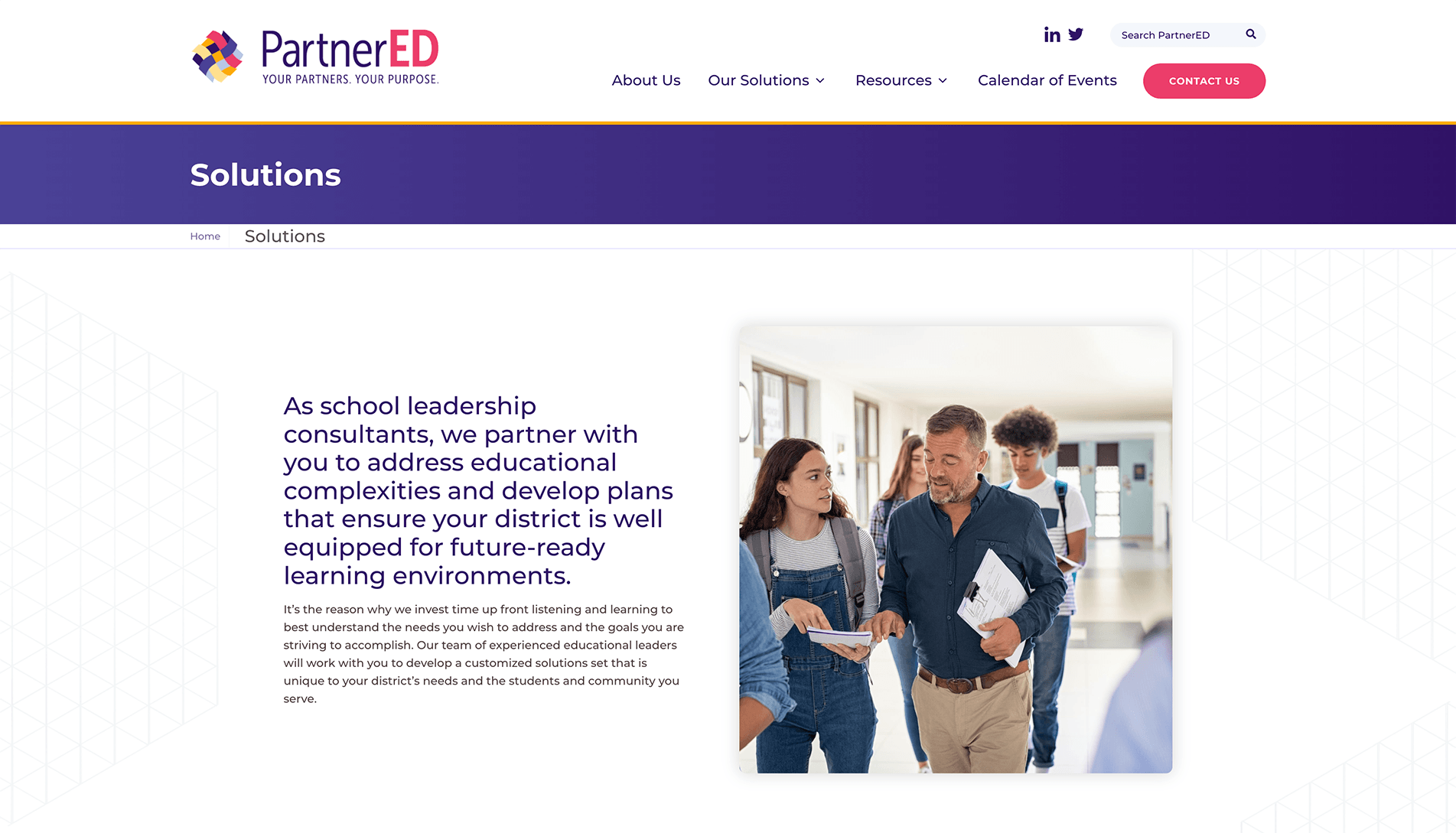 A young female student conversing with an older male teacher or consultant in a school hallway, with another student in the background, on the PartnerED 'Solutions' webpage.