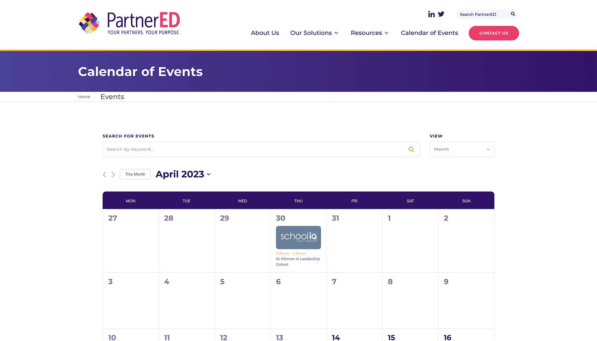 Screenshot of PartnerED's Calendar of Events webpage showing a monthly view for April 2023 with one event listed on March 30th titled 'SchoolIQ' for an IA-Women in Leadership Cohort.