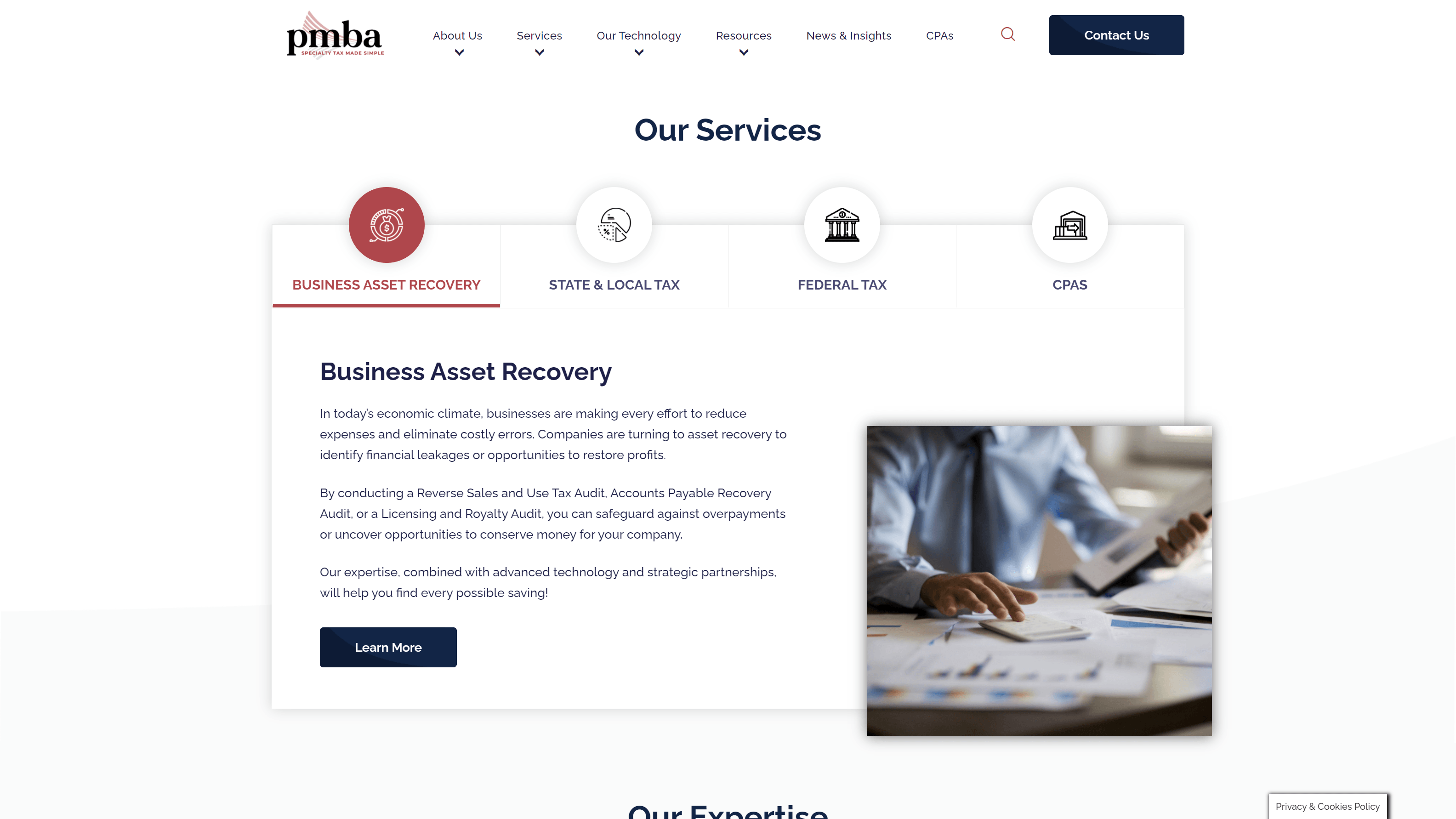 Screenshot of a professional services website featuring a navigation bar, service options for business asset recovery, state and local tax, and federal tax, with a detailed description of business asset recovery services and an image of a person working with documents and a laptop.