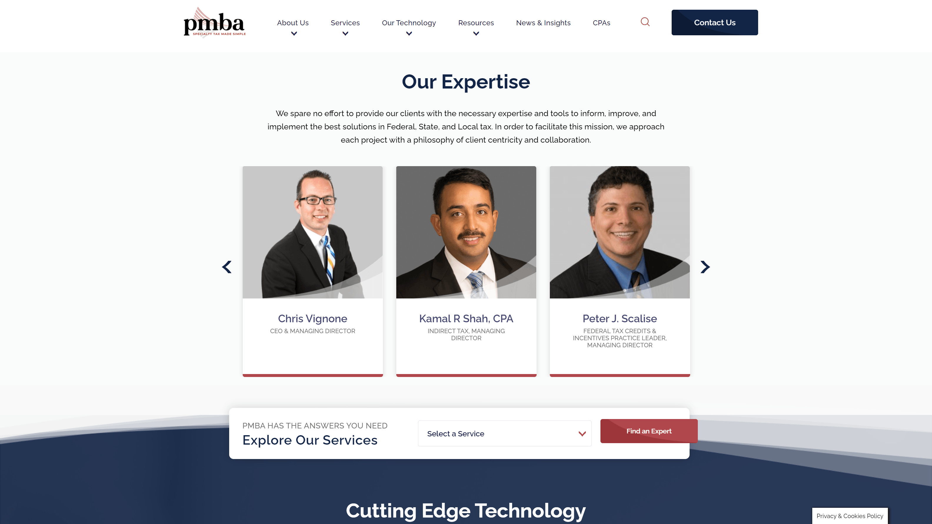 Screenshot of PMBA's 'Our Expertise' webpage section featuring portraits and titles of three male professionals, with navigation menu, 'Contact Us' button, and 'Find an Expert' call-to-action.