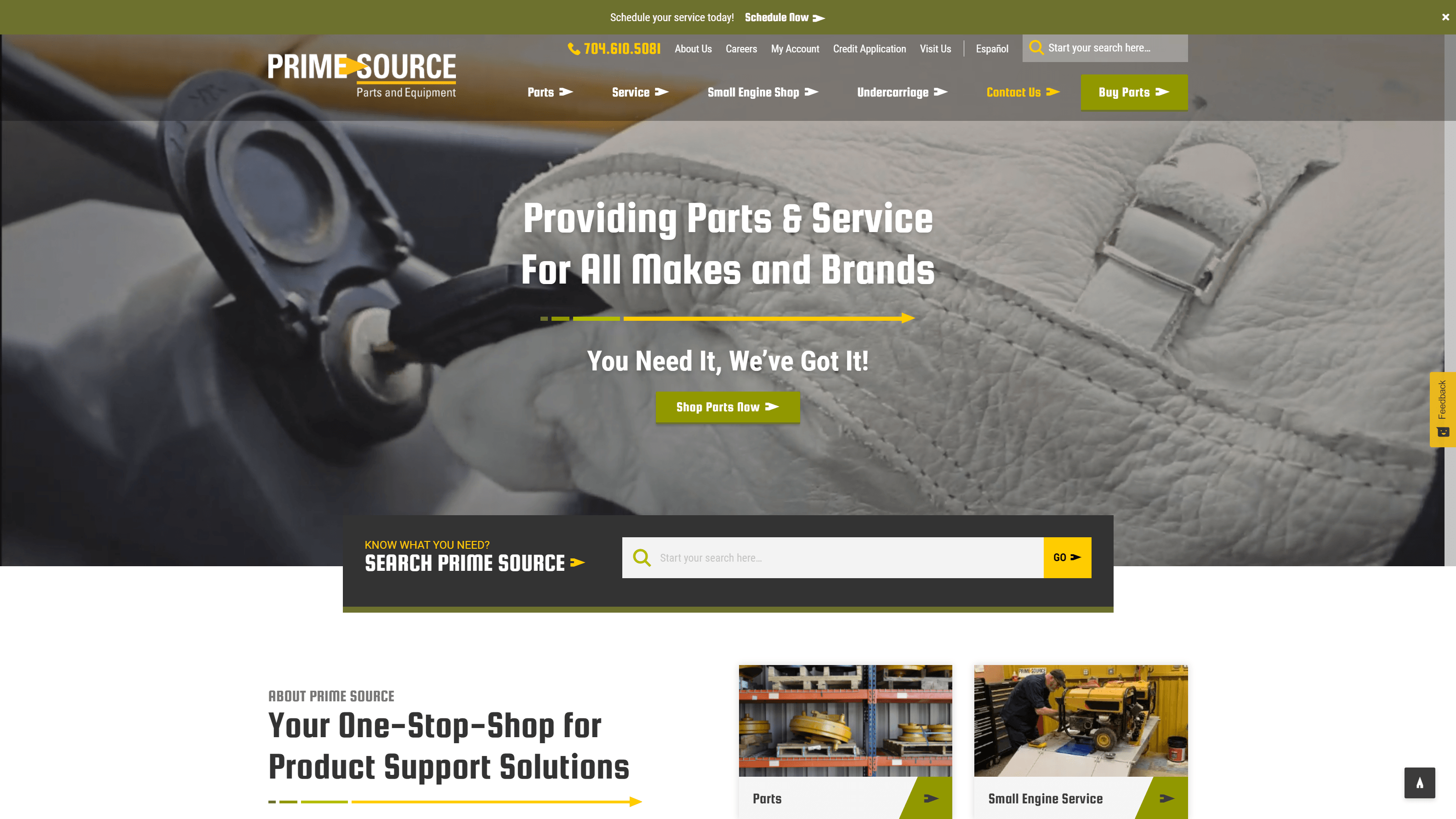 Screenshot of PRIME SOURCE Parts and Equipment website with a banner showing a gloved hand working on machinery, navigation options, and sections for company information and services.