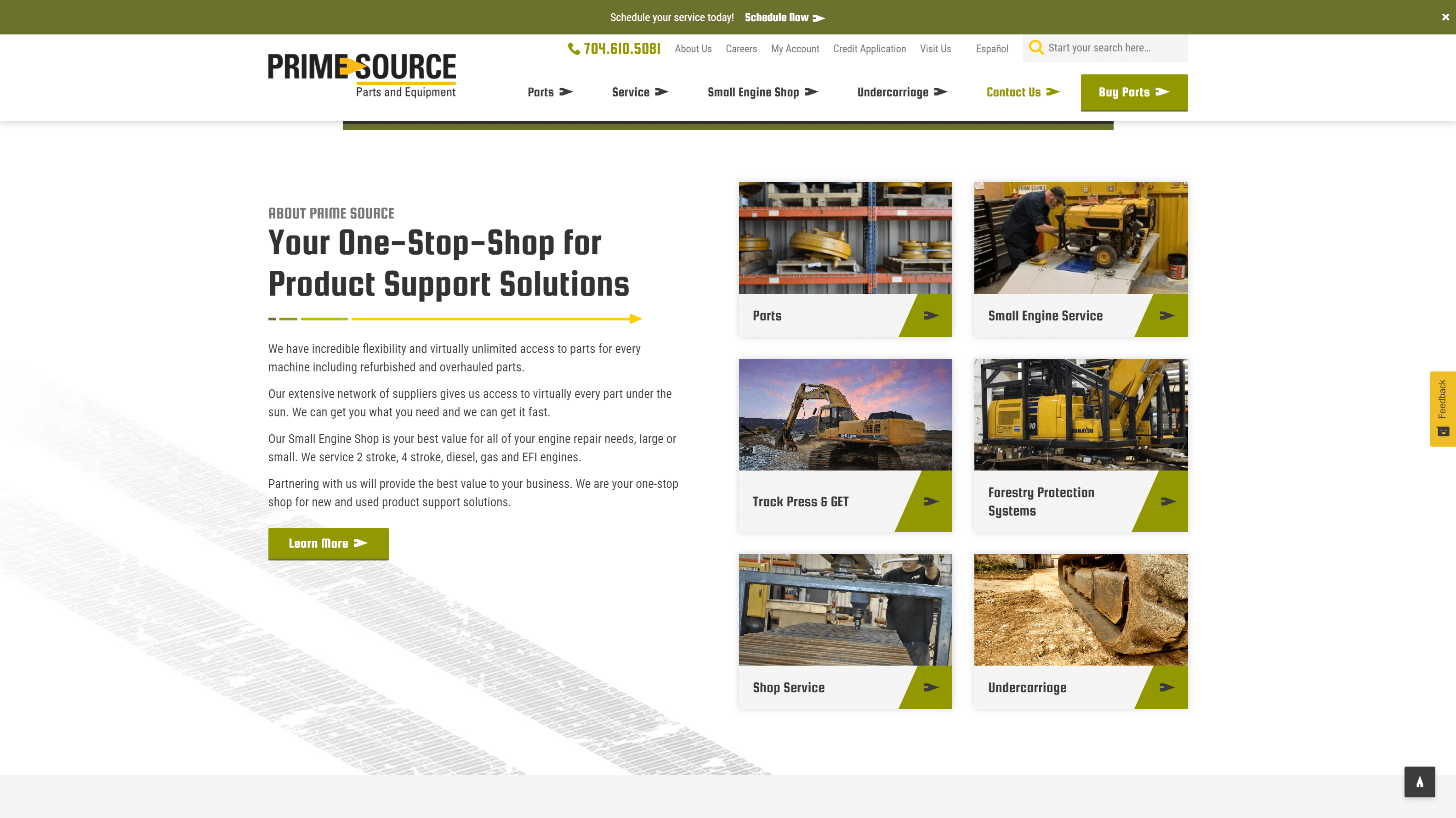 Webpage layout for PRIME SOURCE Parts and Equipment featuring navigation options, company services description, and images of parts, machinery, and service offerings.