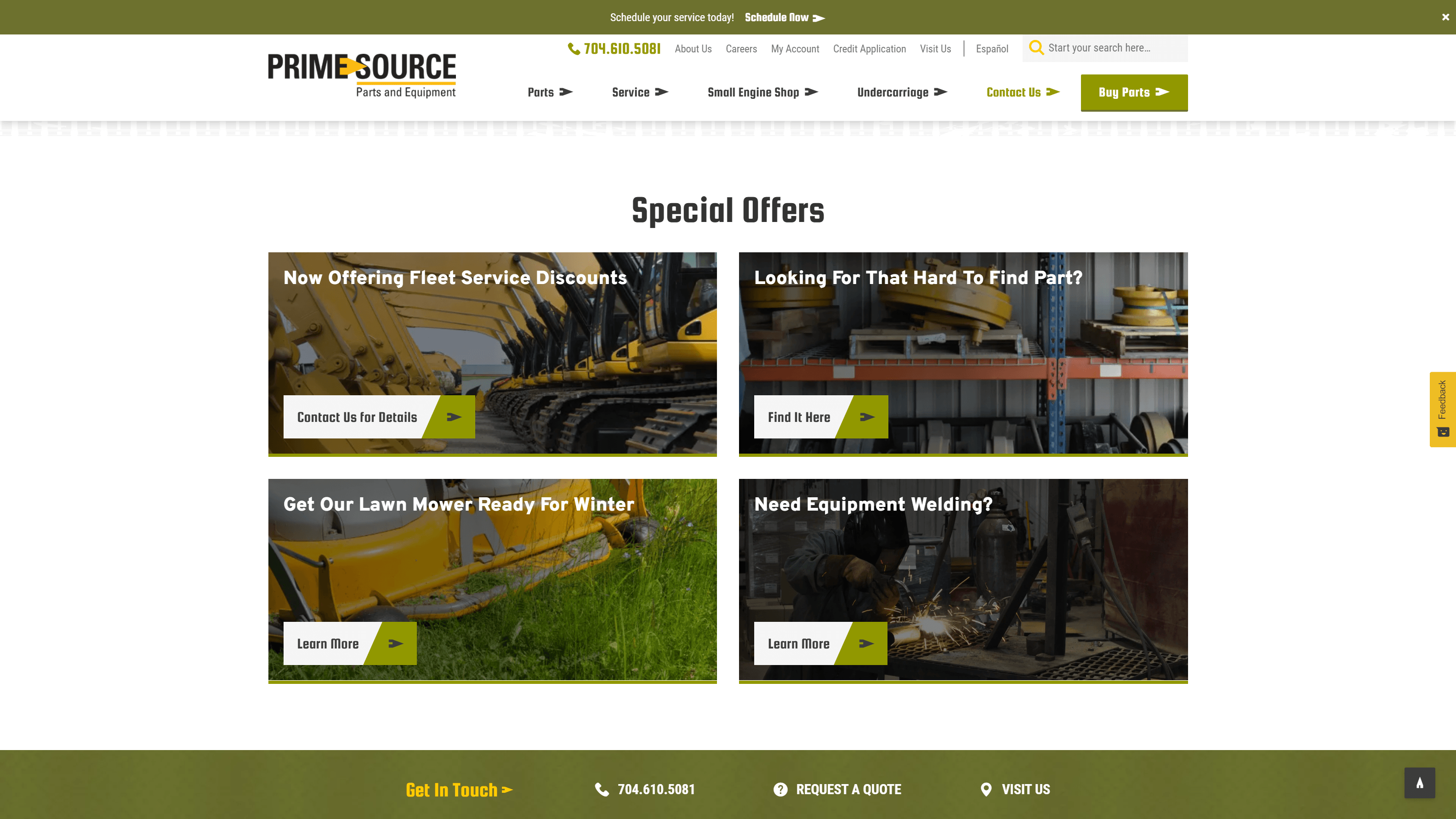 Webpage from PRIMESOURCE featuring special offers on services and parts, including fleet service discounts, hard-to-find parts, lawn mower winter preparation, and equipment welding, with relevant images and contact information.