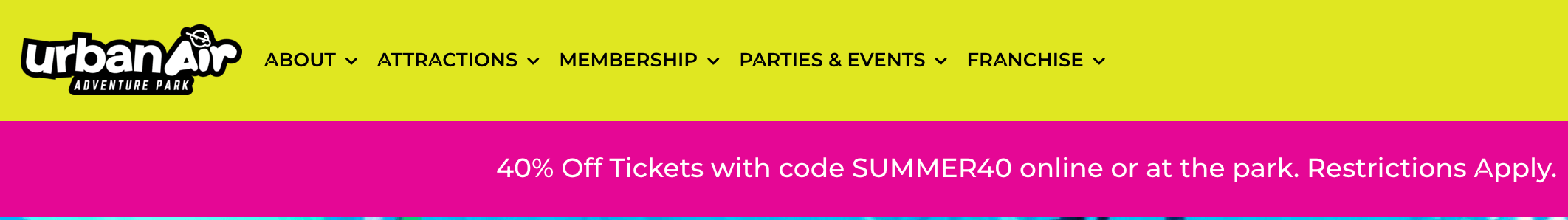 Yellow and pink navigation bar on Urban Air's website