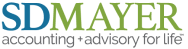 SDMAYER logo with the text 'SDMAYER' in green and blue, followed by the tagline 'accounting | advisory for life' in smaller font.