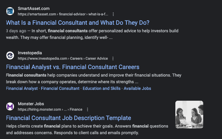Search results for finding a financial consultant
