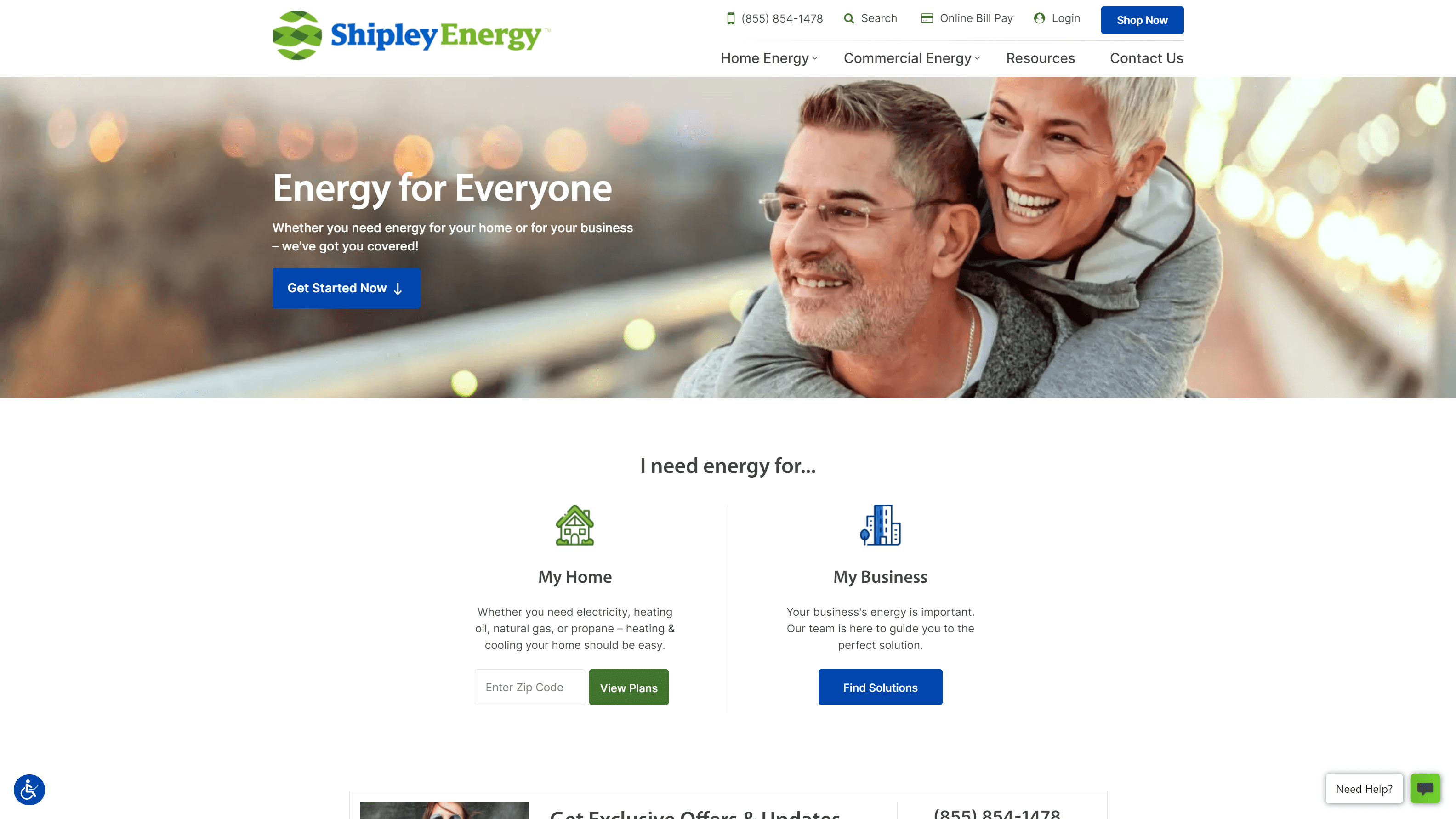 A happy couple embracing and smiling on the Shipley Energy website banner, with text offering energy solutions for home and business, and company contact information.