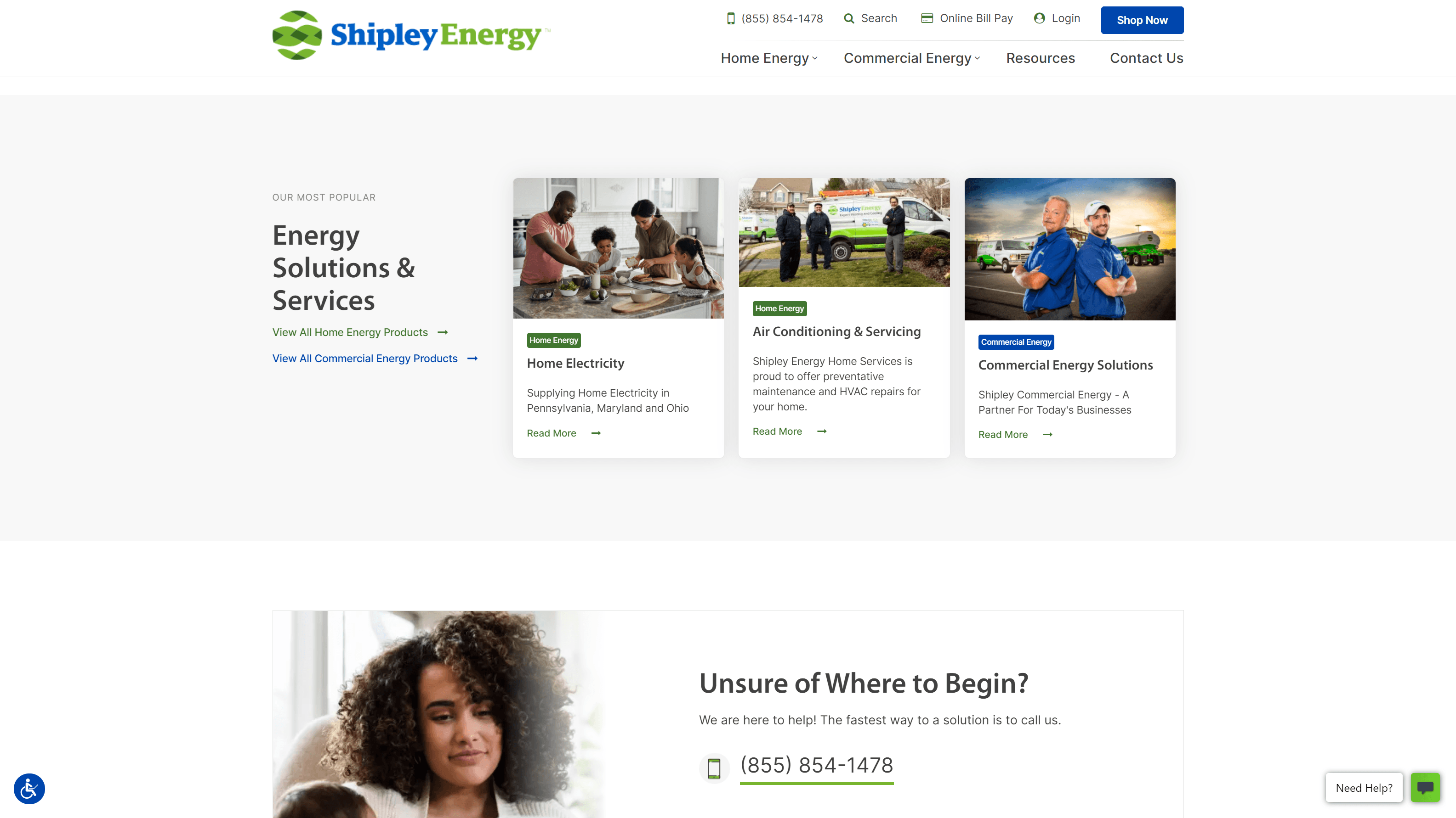 Screenshot of Shipley Energy's website featuring navigation options, sections for Home Electricity with a family looking at a laptop, Air Conditioning & Servicing with two technicians, and Commercial Energy Solutions with two professionals in uniforms. There's also a contact section with a woman's portrait and a phone number.